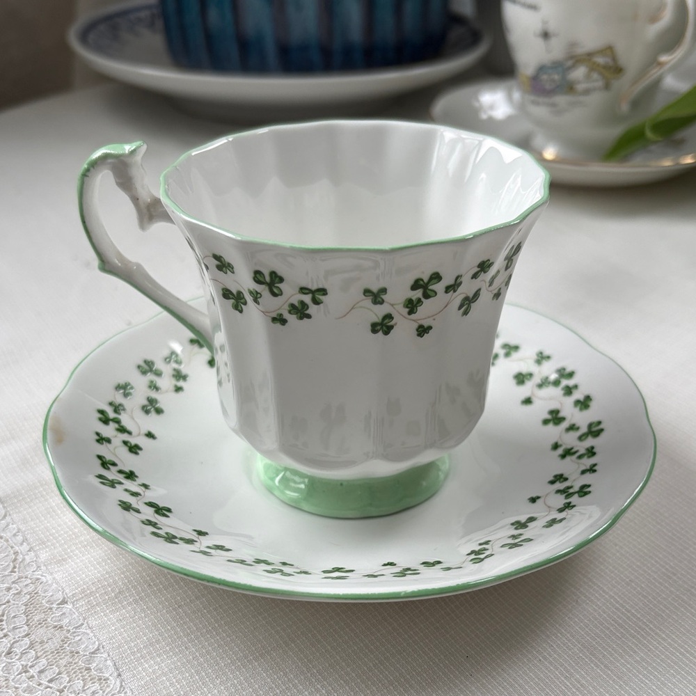Vintage White and Green Clover 🍀 Teacup and Saucer Set by Royal Crest England